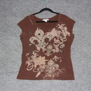 Rxb Womens Brown Fleur De Lis Embellished Short Sleeve T Shirt Size XL‎ Y2K